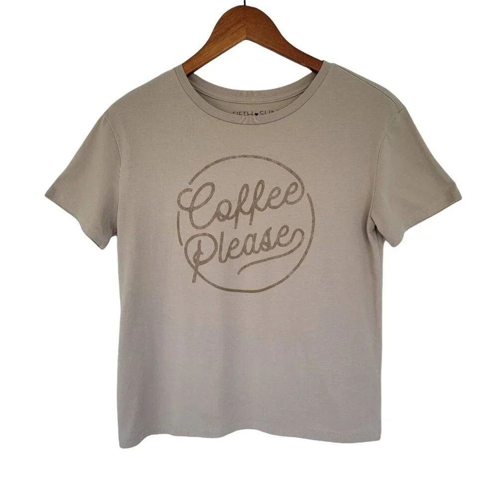 Fifth Sun Coffee Please Graphic T Shirt Women Size M Taupe Beige Cotton Blend